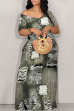 White Grey Street Faux Denim Print Contrast V Neck Printed Dresses