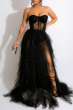 Red Sexy Solid Color Lace See-Through Mesh Strapless Long Dresses