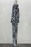Grey Casual Leopard Print Buckle Strap Design Shirt Collar Long Sleeve Two Pieces