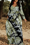 Green Casual Floral Print Pocket Contrast V Neck Printed Dresses