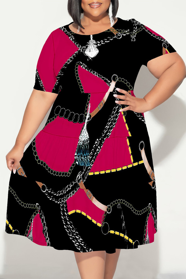Black Sexy Colorblock Chain print Patchwork Contrast O Neck Printed Plus Size Dresses