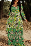 Green Casual Floral Print Pocket Contrast V Neck Printed Dresses