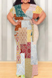 Multicolor Casual Print Patchwork Strap Design V Neck Long Plus Size Dresses