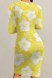 Orange Elegant Flowers Print Contrast O Neck Printed Dresses