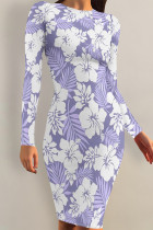 Light Purple Elegant Flowers Print Contrast O Neck Printed Dresses