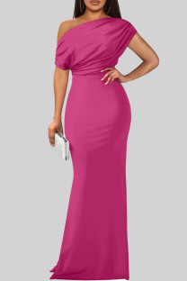 Rose Red Elegant Solid Color Patchwork Oblique Collar Long Dresses