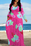 Green Casual Floral Print Pocket Contrast V Neck Printed Dresses