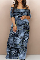 Blue Black Street Faux Denim Print Contrast V Neck Printed Dresses
