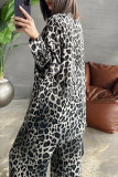 Grey Casual Leopard Print Buckle Strap Design Shirt Collar Long Sleeve Two Pieces