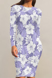 Orange Elegant Flowers Print Contrast O Neck Printed Dresses
