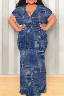 Dark Blue Casual Print Patchwork Strap Design V Neck Long Plus Size Dresses