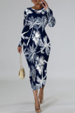 Deep Blue Elegant Floral Print Contrast O Neck Printed Dresses