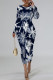 Blue White Elegant Floral Print Contrast O Neck Printed Dresses