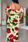 Tibetan Blue Sexy Floral Print fruit Ruffle Contrast Off Shoulder Printed Dresses