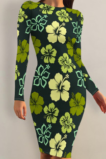 Dark Green Elegant Flowers Print Contrast O Neck Printed Dresses