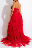 Red Sexy Solid Color Lace See-Through Mesh Strapless Long Dresses