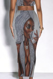 Gold Casual Print portrait Contrast Skinny High Waist Full Print Bottoms
