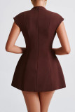 Brown Red Casual Solid Color Patchwork Deep V Neck A Line Dresses