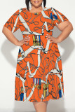 Black Sexy Colorblock Chain print Patchwork Contrast O Neck Printed Plus Size Dresses