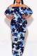 Blue Sexy Floral Print fruit Ruffle Contrast Off Shoulder Printed Dresses