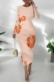 Light Green Elegant Flowers Print Gradient Contrast O Neck Printed Dresses