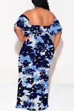 Tibetan Blue Sexy Floral Print fruit Ruffle Contrast Off Shoulder Printed Dresses