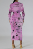 Pink Purple Elegant Geometric Print Bronzing Pattern Contrast O Neck Printed Dresses
