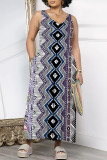 Gray Green Casual Geometric Print Floral Print Pocket Contrast V Neck Loose Jumpsuits