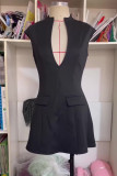 Brown Red Casual Solid Color Patchwork Deep V Neck A Line Dresses
