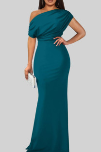 Malachite Green Elegant Solid Color Patchwork Oblique Collar Long Dresses