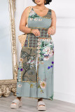 Gray Green Casual Geometric Print Floral Print Pocket Contrast V Neck Loose Jumpsuits