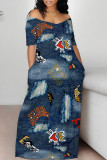 White Grey Street Faux Denim Print Contrast V Neck Printed Dresses