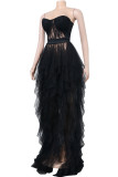 Red Sexy Solid Color Lace See-Through Mesh Strapless Long Dresses