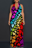 Colour Street Love Print Letters Lace Up Backless Contrast Halter Loose Jumpsuits