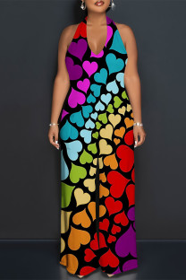 Multicolor Street Love Print Letters Lace Up Backless Contrast Halter Loose Jumpsuits