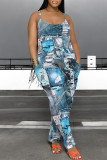 White Grey Casual Faux Denim Print Pocket Contrast U Neck Loose Jumpsuits