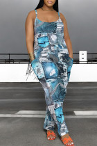 Gray Blue Casual Faux Denim Print Pocket Contrast U Neck Loose Jumpsuits