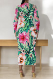 Deep Blue Elegant Floral Print Contrast O Neck Printed Dresses
