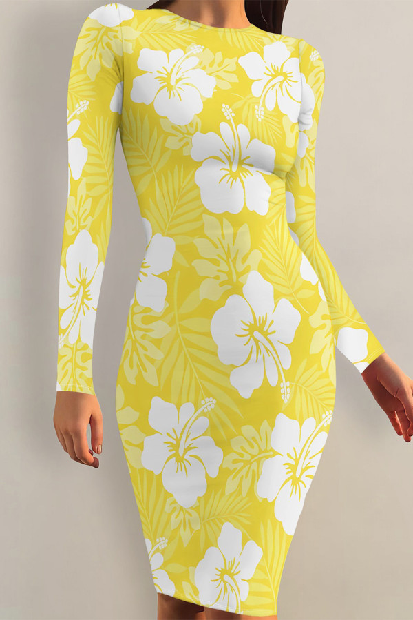 Yellow Elegant Flowers Print Contrast O Neck Printed Dresses