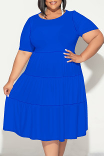 Blue Casual Solid Color Patchwork O Neck Short Sleeve Plus Size Dresses