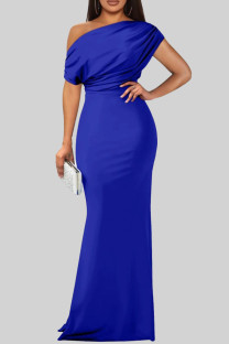 Blue Elegant Solid Color Patchwork Oblique Collar Long Dresses