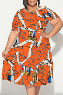 Orange Sexy Colorblock Chain print Patchwork Contrast O Neck Printed Plus Size Dresses