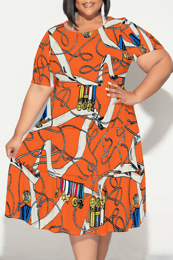 Orange Sexy Colorblock Chain print Patchwork Contrast O Neck Printed Plus Size Dresses