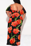 Tibetan Blue Sexy Floral Print fruit Ruffle Contrast Off Shoulder Printed Dresses