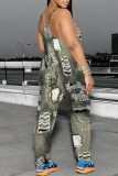 White Grey Casual Faux Denim Print Pocket Contrast U Neck Loose Jumpsuits