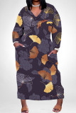 White Grey Casual Flowers Love Print Pocket Contrast V Neck Printed Plus Size Dresses