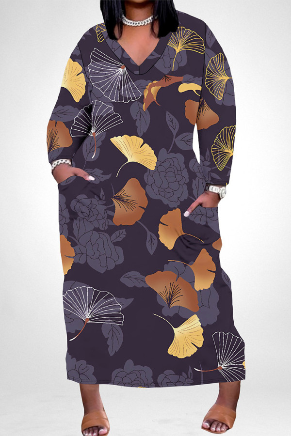 Dark Purple Casual Flowers Love Print Pocket Contrast V Neck Printed Plus Size Dresses