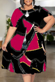 Black Sexy Colorblock Chain print Patchwork Contrast O Neck Printed Plus Size Dresses