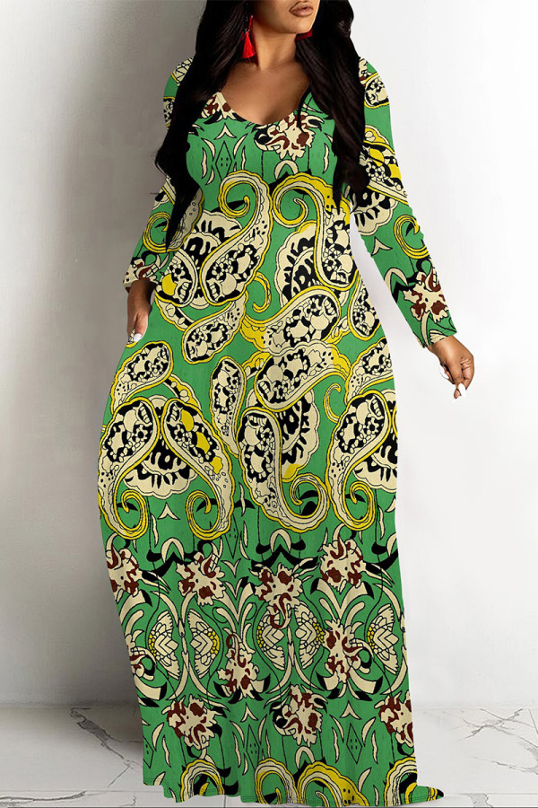 Green Casual Floral Print Pocket Contrast V Neck Printed Dresses