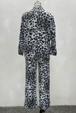 Grey Casual Leopard Print Buckle Strap Design Shirt Collar Long Sleeve Two Pieces